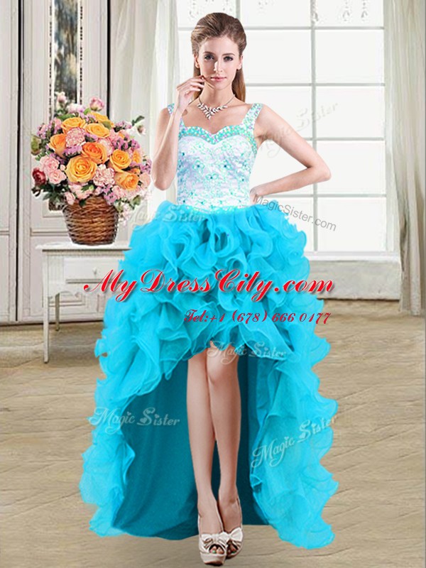 Four Piece Straps Sleeveless Organza Floor Length Lace Up Ball Gown Prom Dress in Baby Blue with Beading and Ruffles