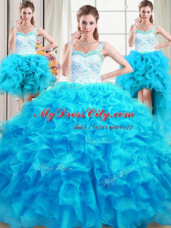 Four Piece Straps Sleeveless Organza Floor Length Lace Up Ball Gown Prom Dress in Baby Blue with Beading and Ruffles