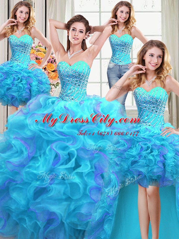 Four Piece Multi-color Ball Gowns Beading and Ruffles Quinceanera Dress Lace Up Organza Sleeveless Floor Length