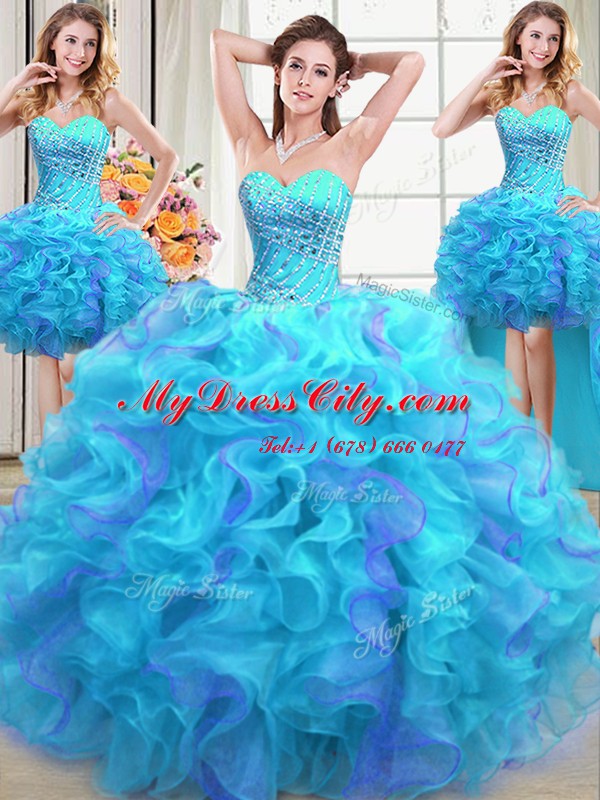 Four Piece Multi-color Ball Gowns Beading and Ruffles Quinceanera Dress Lace Up Organza Sleeveless Floor Length