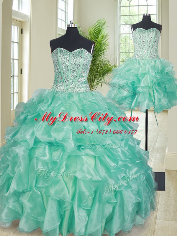 Edgy Three Piece Apple Green Sweetheart Lace Up Beading and Ruffles Vestidos de Quinceanera Sleeveless