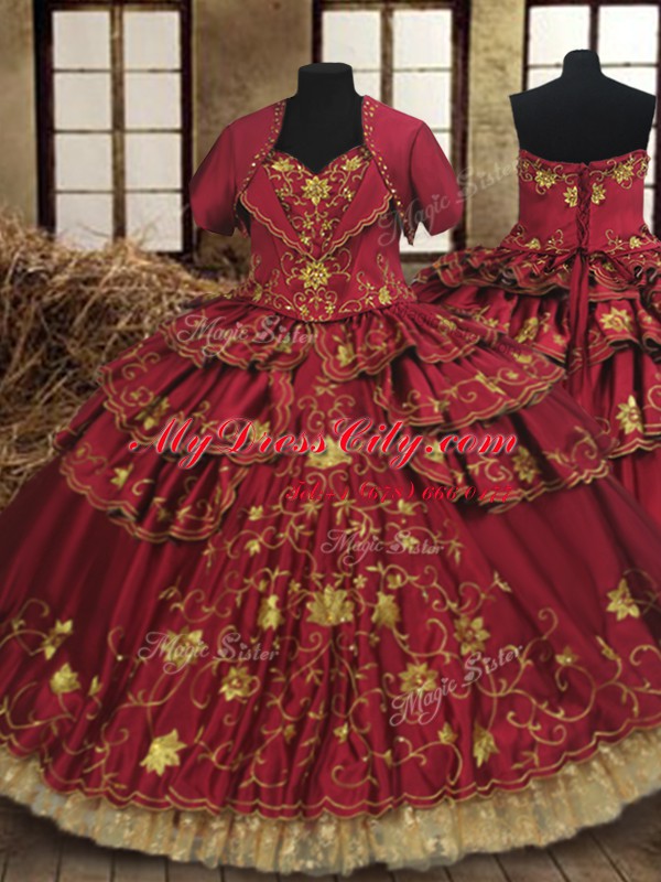 Luxurious Ruffled Sweetheart Sleeveless Lace Up 15 Quinceanera Dress Wine Red Taffeta and Lace