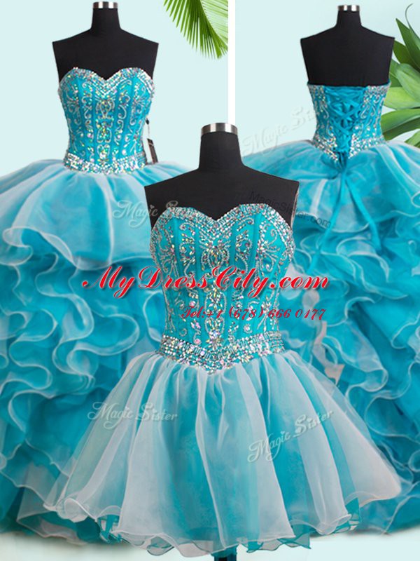 Custom Made Three Piece Beading and Ruffles Quinceanera Dress White Lace Up Sleeveless Brush Train