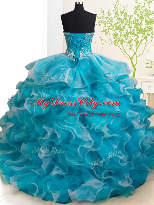 Custom Made Three Piece Beading and Ruffles Quinceanera Dress White Lace Up Sleeveless Brush Train