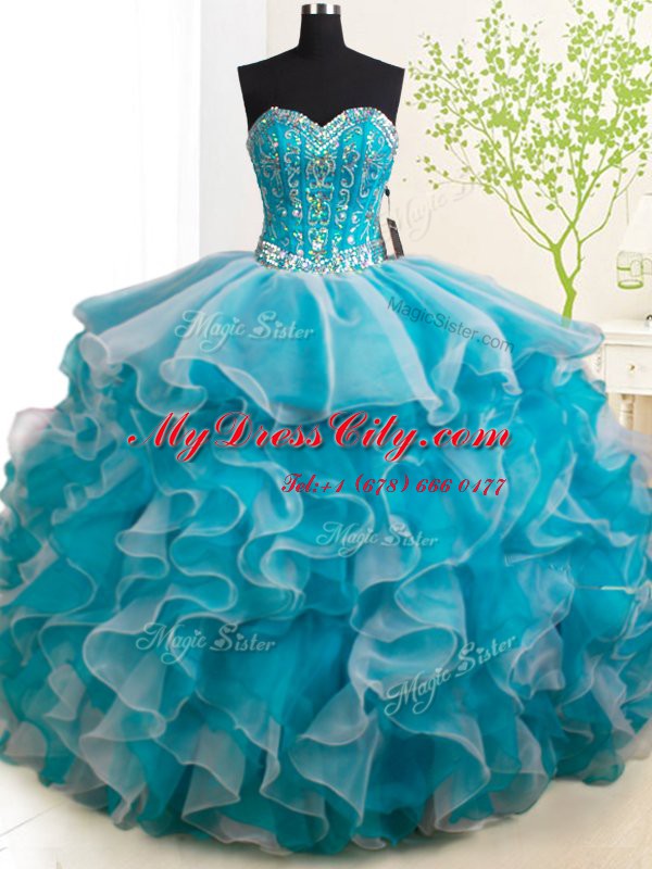 Custom Made Three Piece Beading and Ruffles Quinceanera Dress White Lace Up Sleeveless Brush Train