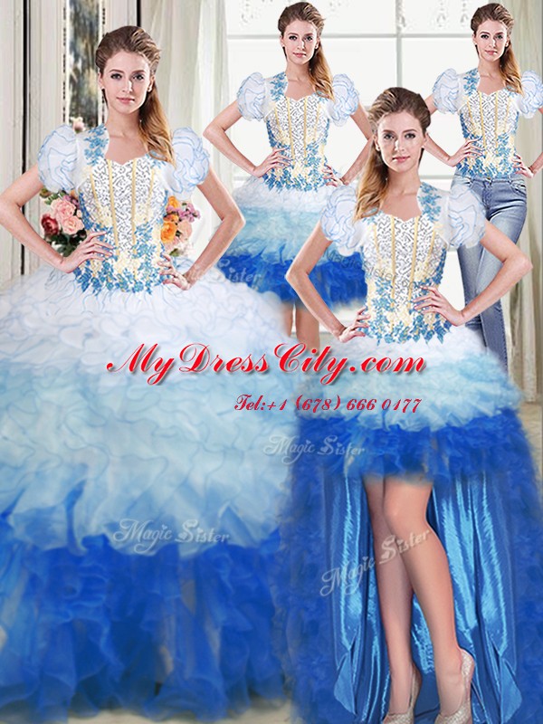 Glorious Four Piece Sleeveless Organza Floor Length Lace Up Sweet 16 Dresses in Multi-color with Appliques and Ruffles