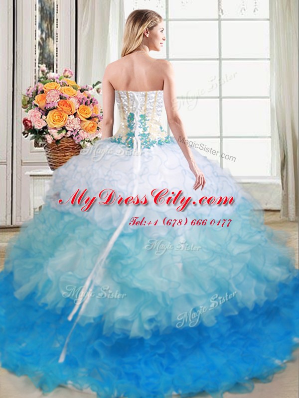 Glorious Four Piece Sleeveless Organza Floor Length Lace Up Sweet 16 Dresses in Multi-color with Appliques and Ruffles