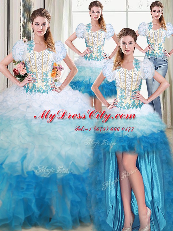 Cute Four Piece Sweetheart Sleeveless Lace Up Quinceanera Gown Multi-color Organza