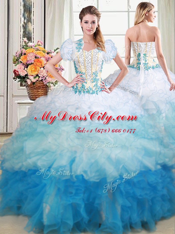 Cute Four Piece Sweetheart Sleeveless Lace Up Quinceanera Gown Multi-color Organza