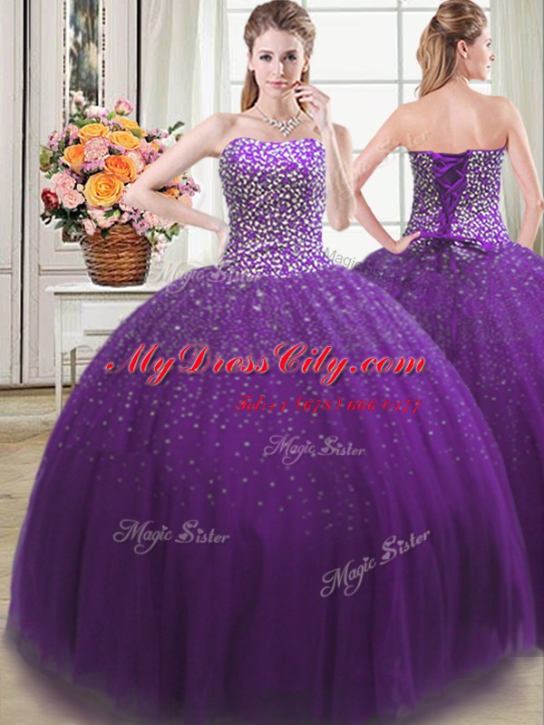 Chic Floor Length Purple Quinceanera Dresses Tulle Sleeveless Beading