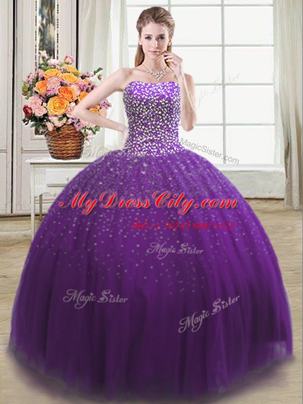 Chic Floor Length Purple Quinceanera Dresses Tulle Sleeveless Beading