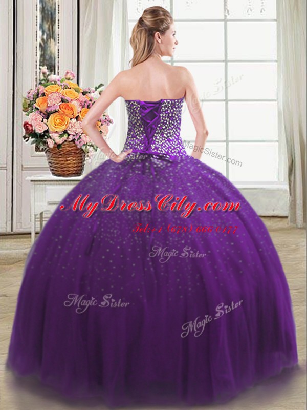 Chic Floor Length Purple Quinceanera Dresses Tulle Sleeveless Beading