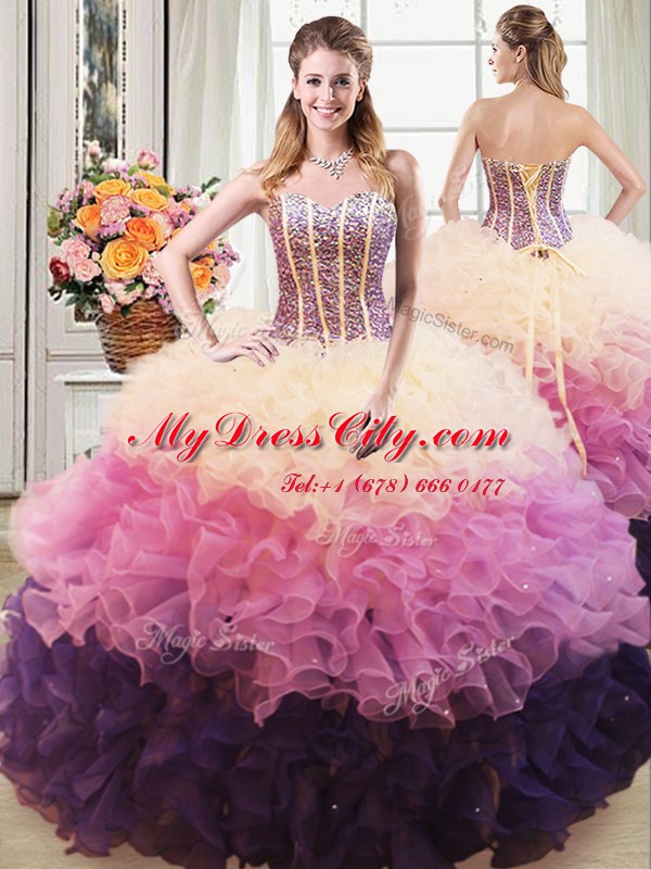 Multi-color Ball Gowns Beading and Ruffles Sweet 16 Dresses Lace Up Organza Sleeveless Floor Length