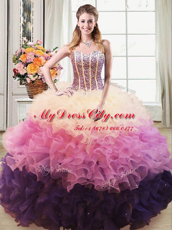 Multi-color Ball Gowns Beading and Ruffles Sweet 16 Dresses Lace Up Organza Sleeveless Floor Length