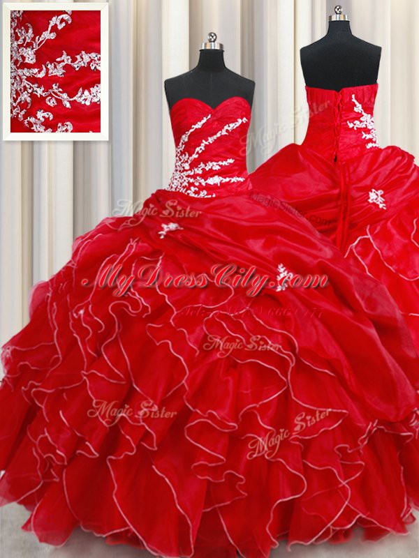 Luxurious Red Sleeveless Floor Length Beading and Ruffles and Pick Ups Lace Up Ball Gown Prom Dress