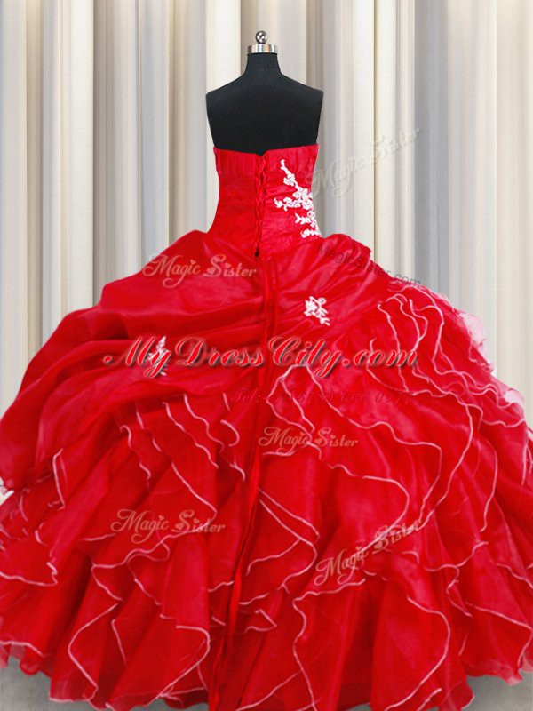 Luxurious Red Sleeveless Floor Length Beading and Ruffles and Pick Ups Lace Up Ball Gown Prom Dress