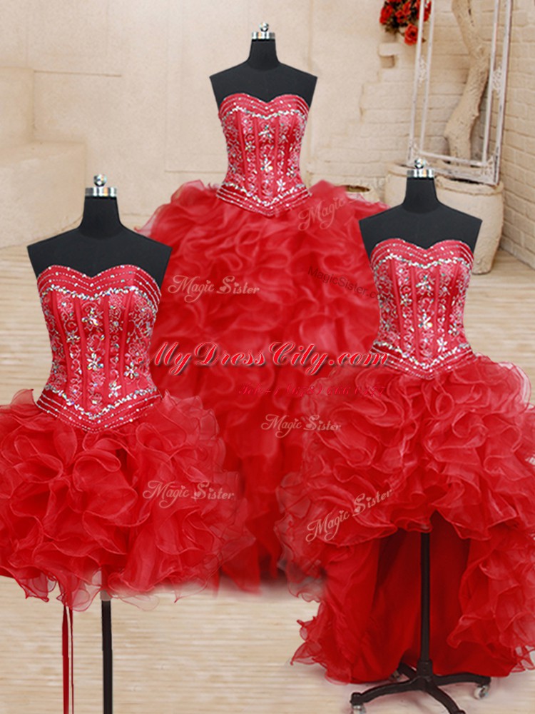 Custom Fit Four Piece Red Sweetheart Neckline Beading and Ruffles Quinceanera Gown Sleeveless Lace Up