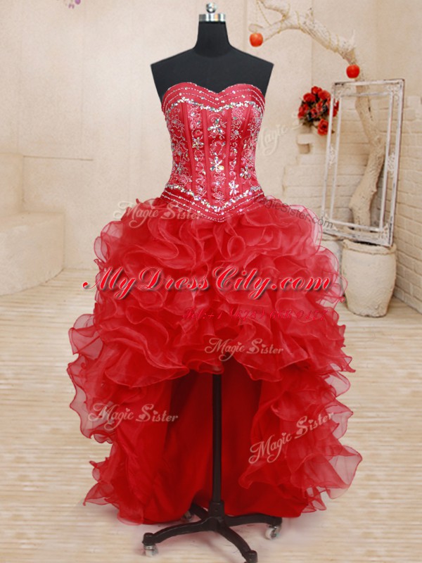 Custom Fit Four Piece Red Sweetheart Neckline Beading and Ruffles Quinceanera Gown Sleeveless Lace Up