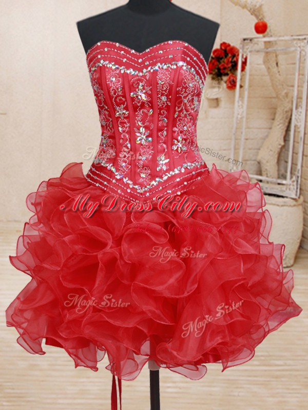 Custom Fit Four Piece Red Sweetheart Neckline Beading and Ruffles Quinceanera Gown Sleeveless Lace Up