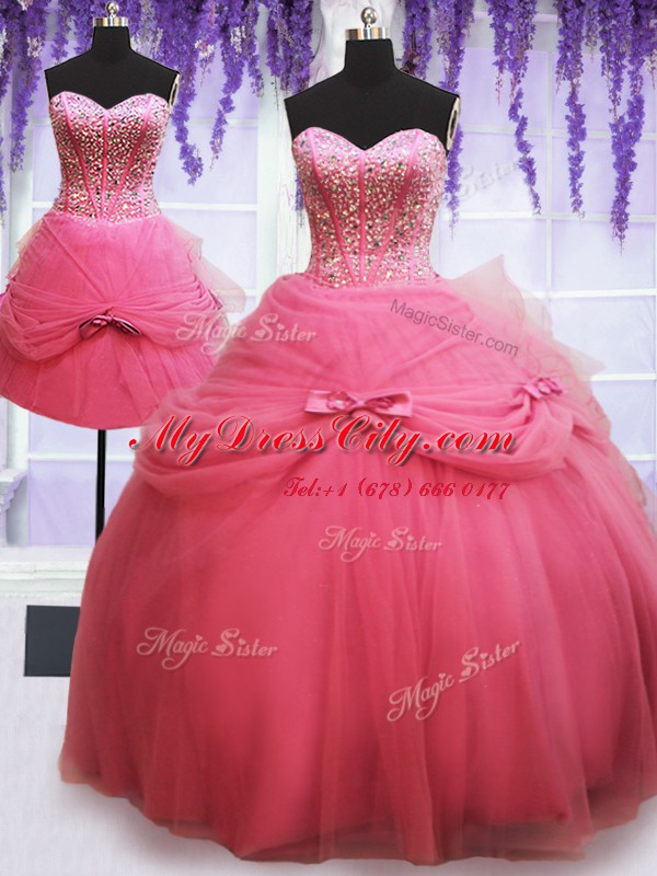 Chic Three Piece Rose Pink Sleeveless Floor Length Beading and Bowknot Lace Up 15 Quinceanera Dress