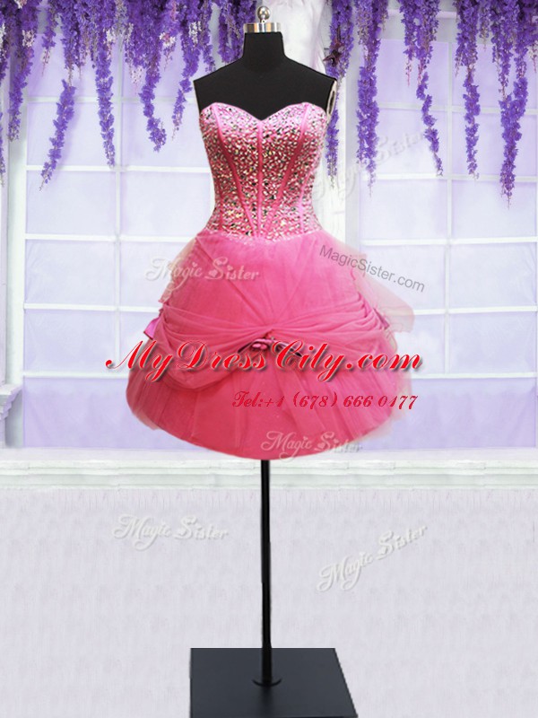 Chic Three Piece Rose Pink Sleeveless Floor Length Beading and Bowknot Lace Up 15 Quinceanera Dress