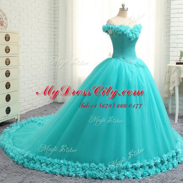 Customized Off the Shoulder Aqua Blue Cap Sleeves Court Train Hand Made Flower With Train 15th Birthday Dress