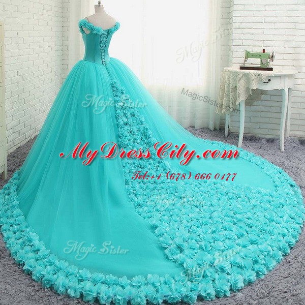 Customized Off the Shoulder Aqua Blue Cap Sleeves Court Train Hand Made Flower With Train 15th Birthday Dress