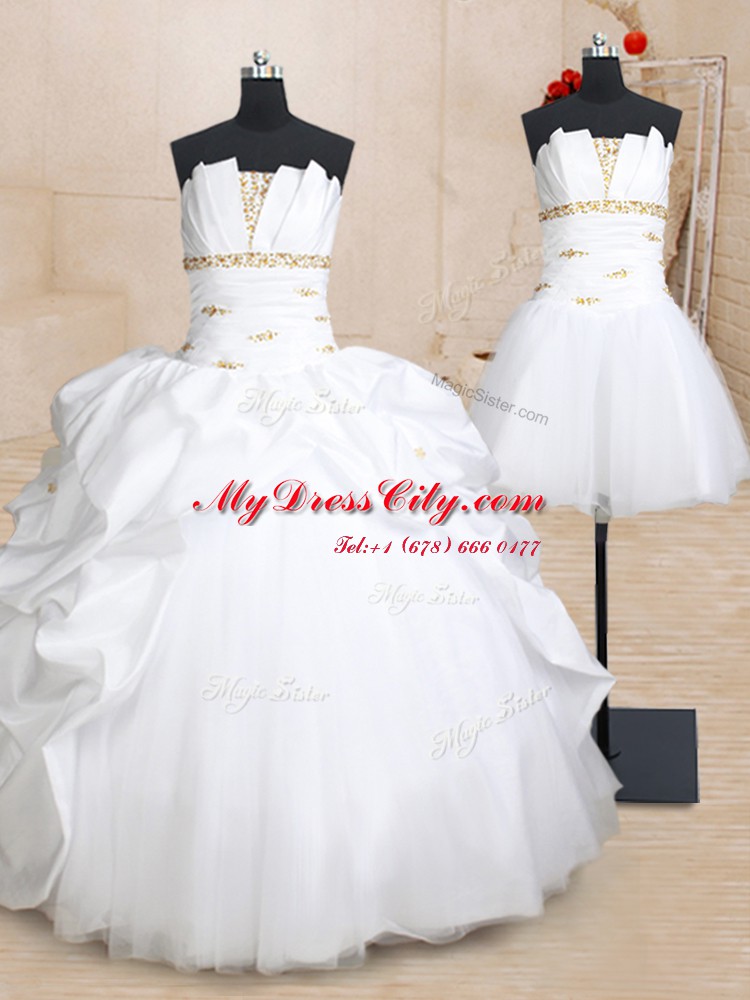 Hot Sale Three Piece Strapless Sleeveless Sweet 16 Dresses Floor Length Beading and Pick Ups White Taffeta and Tulle