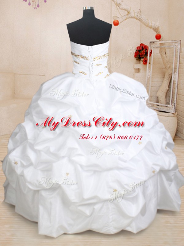 Hot Sale Three Piece Strapless Sleeveless Sweet 16 Dresses Floor Length Beading and Pick Ups White Taffeta and Tulle