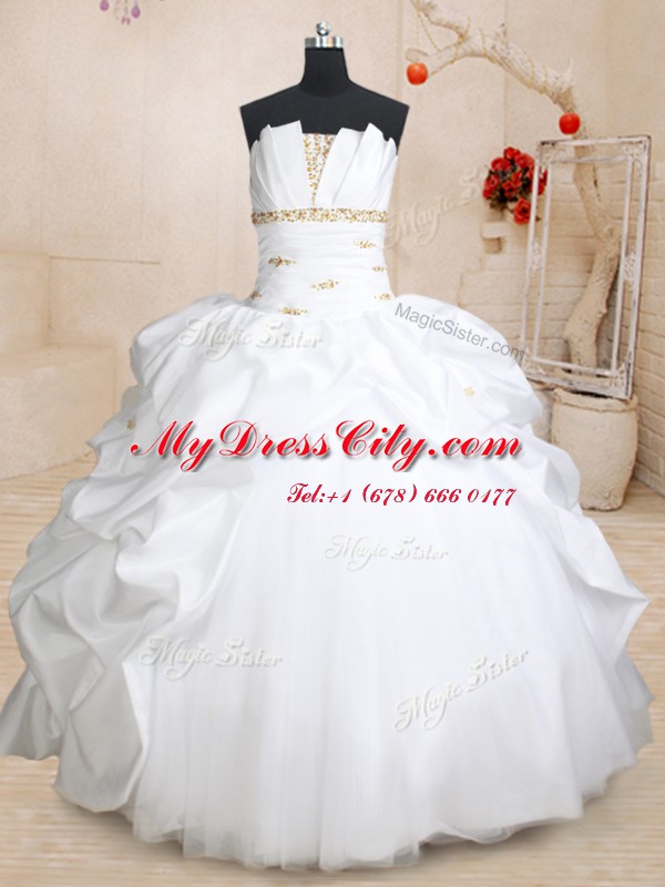 Hot Sale Three Piece Strapless Sleeveless Sweet 16 Dresses Floor Length Beading and Pick Ups White Taffeta and Tulle