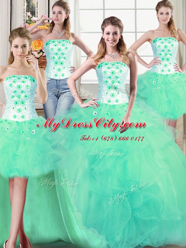 High Quality Four Piece Turquoise 15th Birthday Dress Military Ball and Sweet 16 and Quinceanera and For with Beading and Appliques and Ruffles Strapless Sleeveless Lace Up