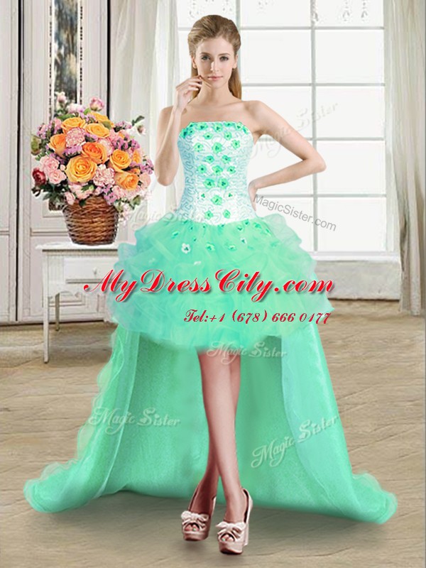 High Quality Four Piece Turquoise 15th Birthday Dress Military Ball and Sweet 16 and Quinceanera and For with Beading and Appliques and Ruffles Strapless Sleeveless Lace Up