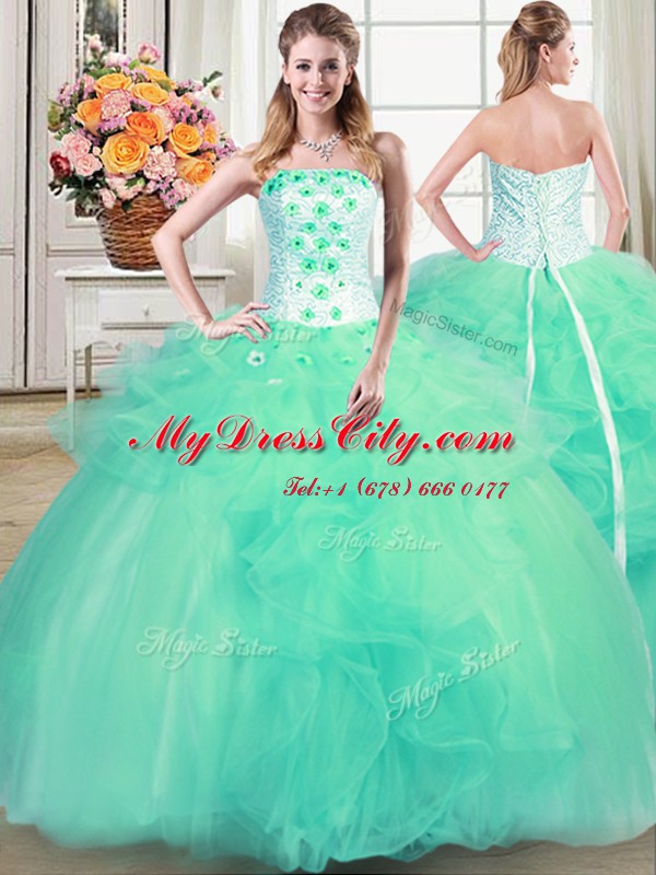 Delicate Turquoise Tulle Lace Up Strapless Sleeveless Floor Length Ball Gown Prom Dress Beading and Appliques and Ruffles