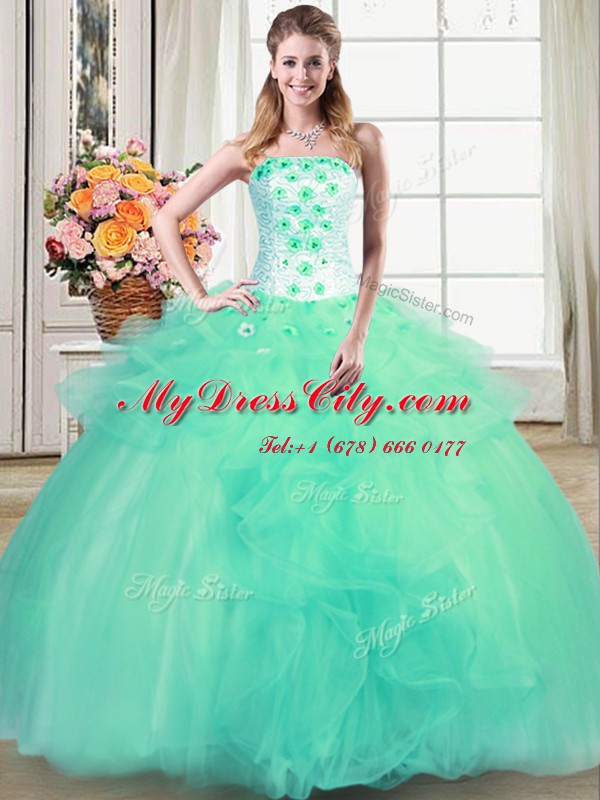 Delicate Turquoise Tulle Lace Up Strapless Sleeveless Floor Length Ball Gown Prom Dress Beading and Appliques and Ruffles