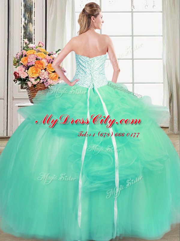 Delicate Turquoise Tulle Lace Up Strapless Sleeveless Floor Length Ball Gown Prom Dress Beading and Appliques and Ruffles