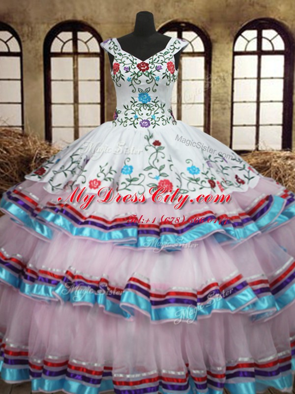 Custom Made Straps White Sleeveless Embroidery and Ruffled Layers Floor Length Quinceanera Gown