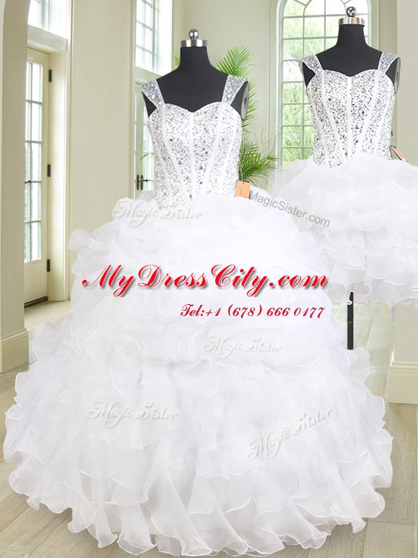 Three Piece Straps White Sleeveless Floor Length Beading and Ruffles Lace Up 15 Quinceanera Dress