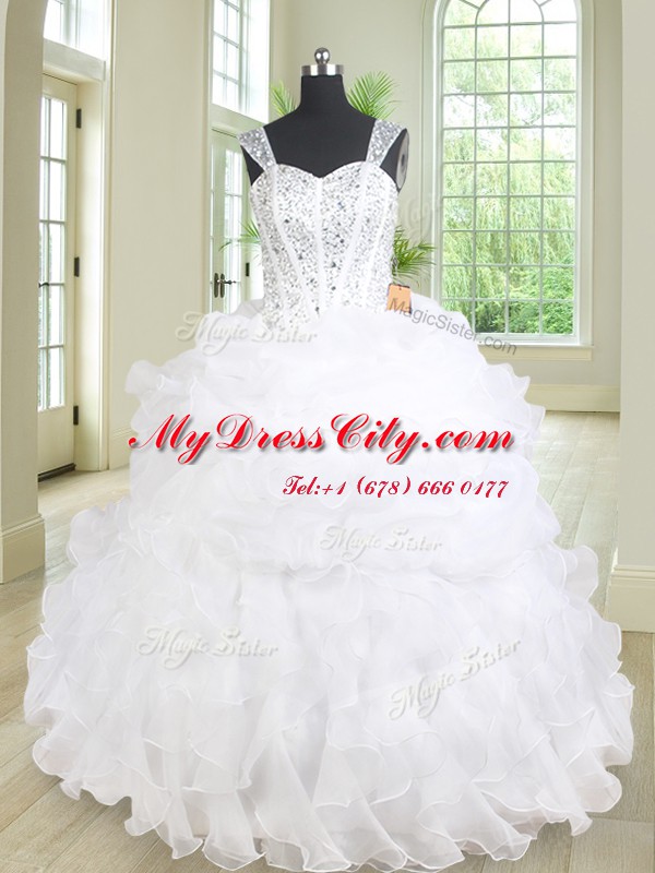 Three Piece Straps White Sleeveless Floor Length Beading and Ruffles Lace Up 15 Quinceanera Dress