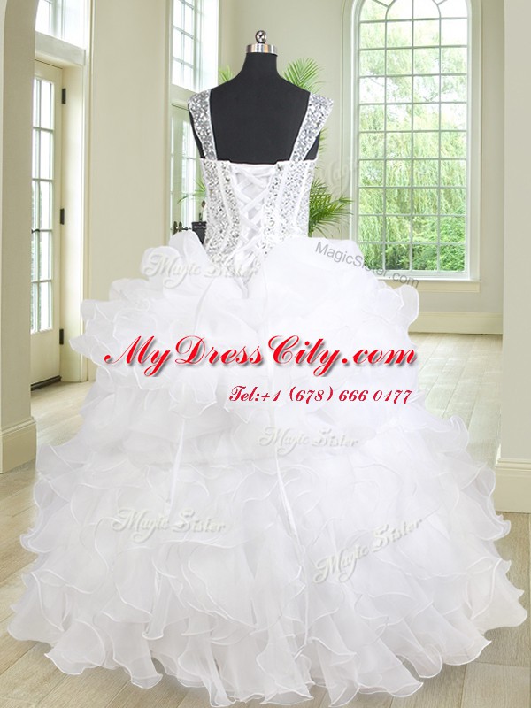 Three Piece Straps White Sleeveless Floor Length Beading and Ruffles Lace Up 15 Quinceanera Dress