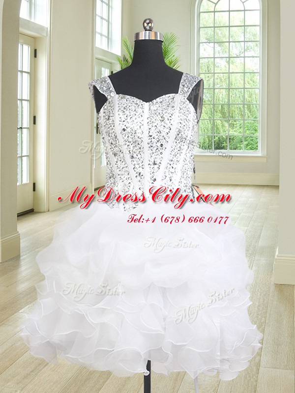 Three Piece Straps White Sleeveless Floor Length Beading and Ruffles Lace Up 15 Quinceanera Dress