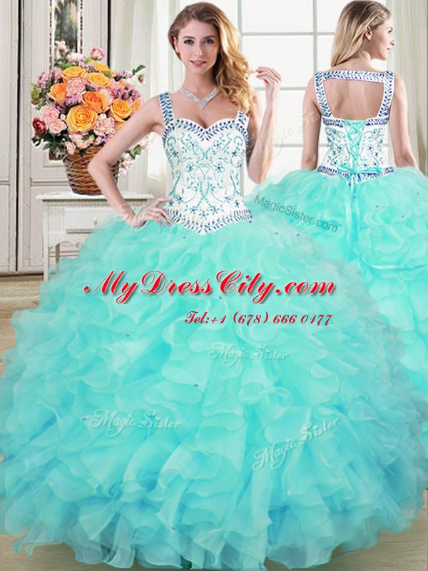 Hot Selling Aqua Blue Straps Lace Up Beading and Lace and Ruffles Quinceanera Dress Sleeveless