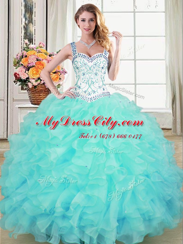 Hot Selling Aqua Blue Straps Lace Up Beading and Lace and Ruffles Quinceanera Dress Sleeveless