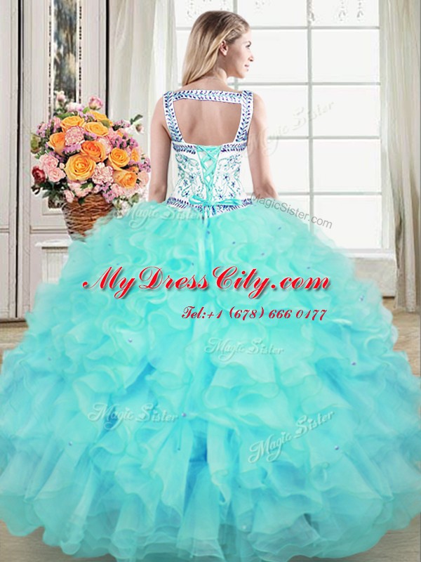 Hot Selling Aqua Blue Straps Lace Up Beading and Lace and Ruffles Quinceanera Dress Sleeveless