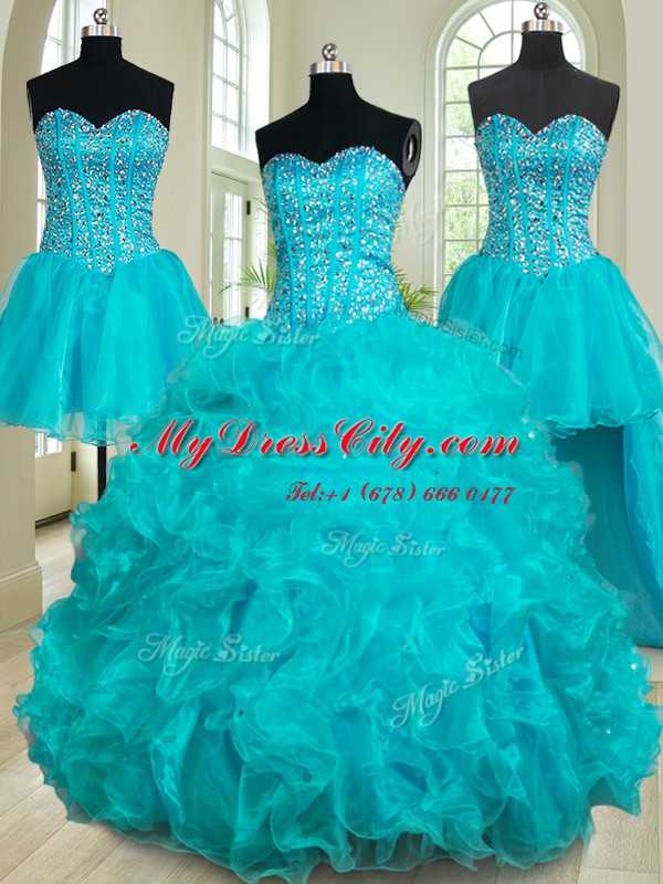 Charming Four Piece Teal Ball Gowns Organza Sweetheart Sleeveless Beading and Ruffles Floor Length Lace Up Quince Ball Gowns