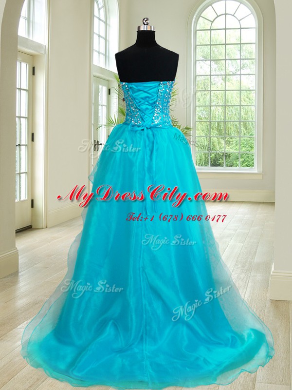 Charming Four Piece Teal Ball Gowns Organza Sweetheart Sleeveless Beading and Ruffles Floor Length Lace Up Quince Ball Gowns