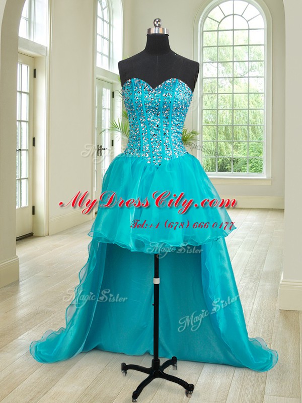 Charming Four Piece Teal Ball Gowns Organza Sweetheart Sleeveless Beading and Ruffles Floor Length Lace Up Quince Ball Gowns