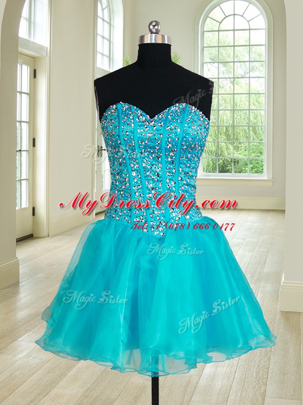 Charming Four Piece Teal Ball Gowns Organza Sweetheart Sleeveless Beading and Ruffles Floor Length Lace Up Quince Ball Gowns