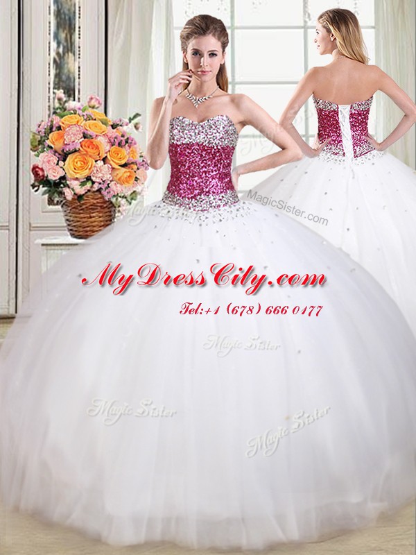 Ideal Beading Sweet 16 Dresses White Lace Up Sleeveless Floor Length