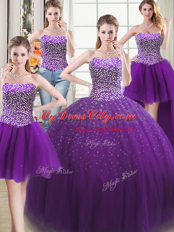 Latest Four Piece Tulle Sweetheart Sleeveless Lace Up Beading Ball Gown Prom Dress in Purple