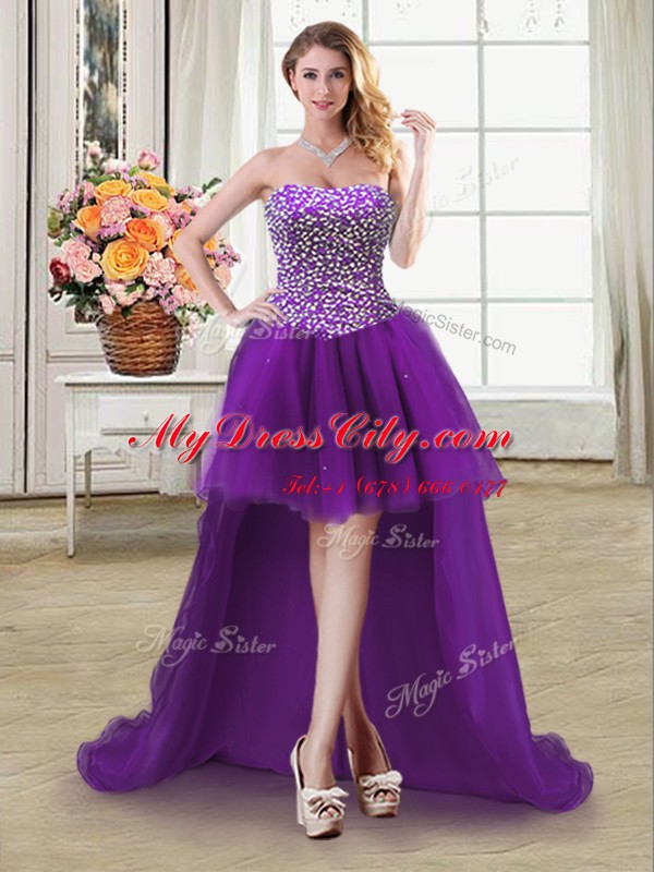 Latest Four Piece Tulle Sweetheart Sleeveless Lace Up Beading Ball Gown Prom Dress in Purple